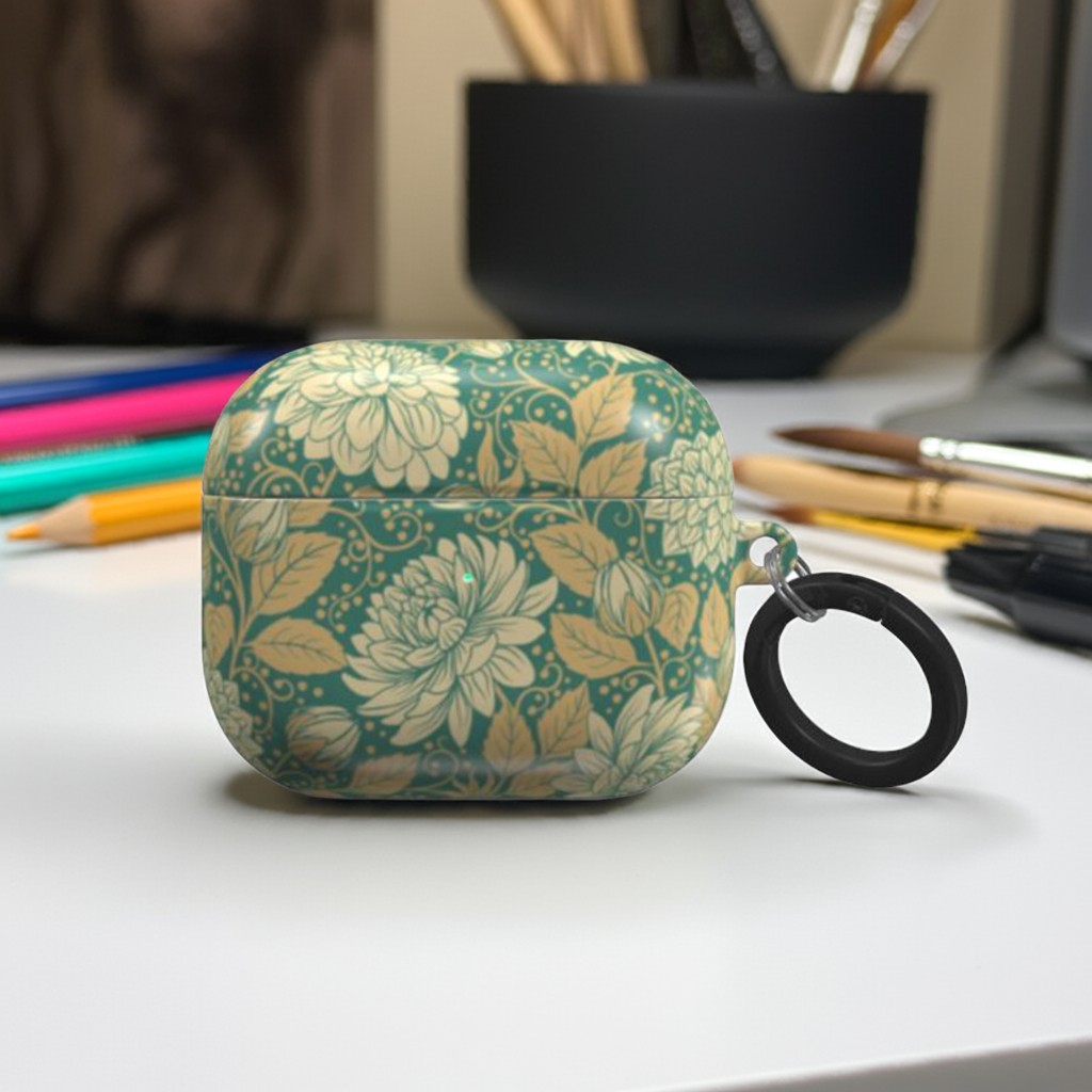 Vintage Floral AirPods Case – Cream Dahlias on Rich Teal