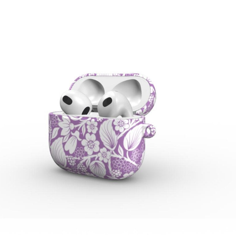 Open side view of airpod case with purple blackberry design