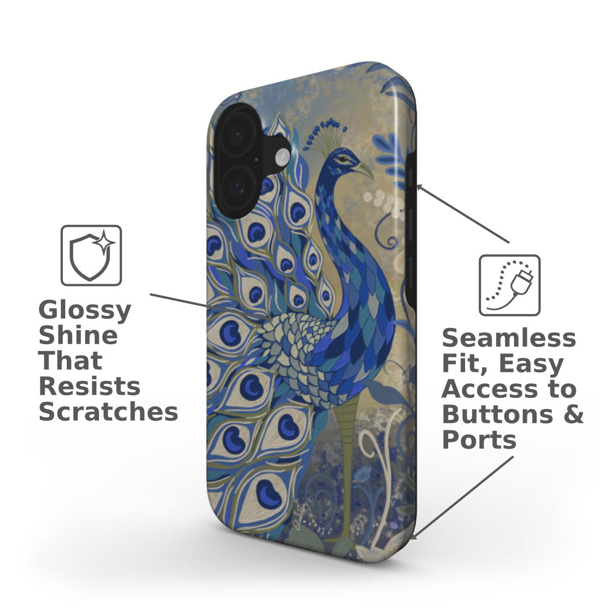 Blue Peacock iPhone 16 Side View of Phone Case