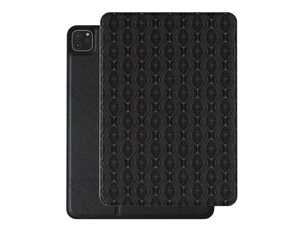 Black Grey Geometric Premium Vegan Leather iPad Pro 11-inch cover with Apple Pencil holder and microfiber lining