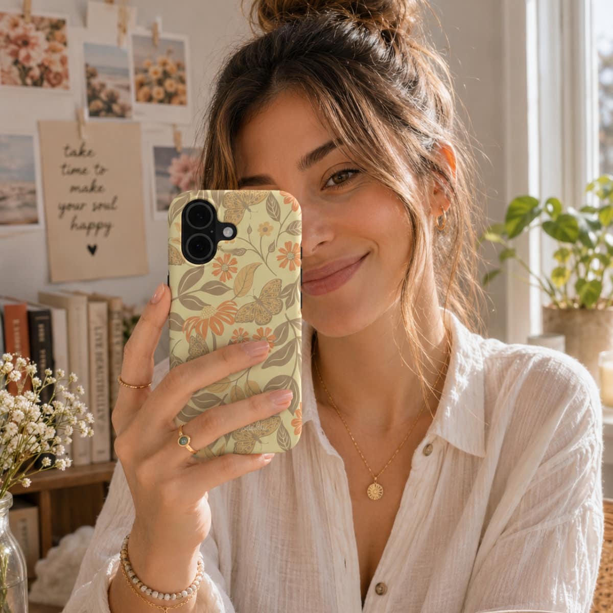 Woman holding a phone case featuring the butterfly and floral design