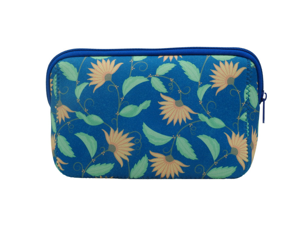 Vibrant Blue Neoprene Cosmetic Bag Featuring Delicate Peach Flowers and Lush Green Leaves