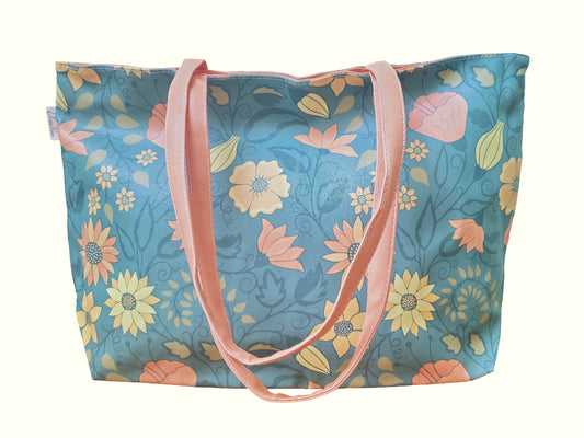 Tote Shopping Bag with beautiful floral print in blue and peach