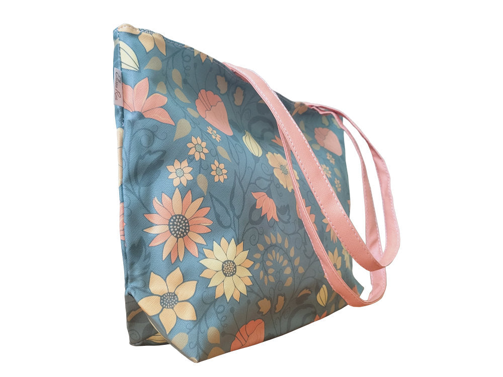 Tote Shopping Bag with beautiful floral print in blue and peach side view