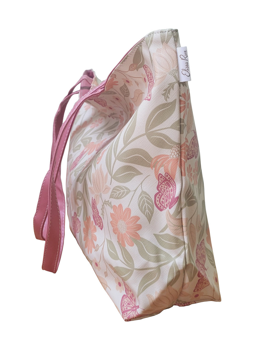 Tote Shopping Bag with beautiful butterfly & floral print in pink and cream side view