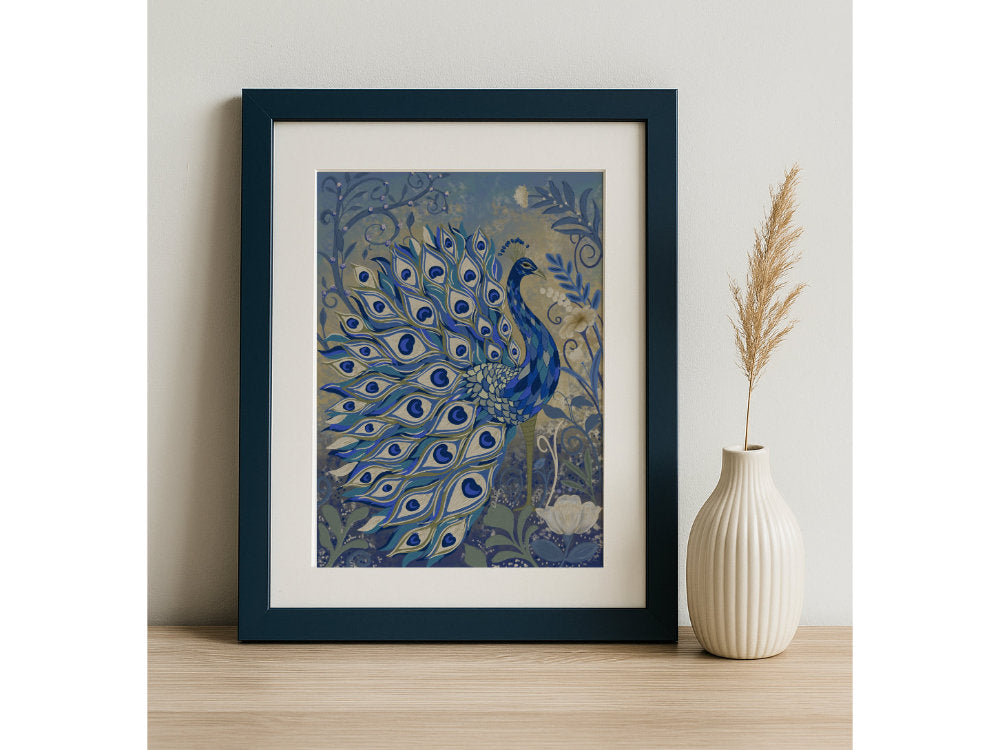 Blue Peacock in Bloom - Eclectic Nature-Inspired Fine Art Linen Print