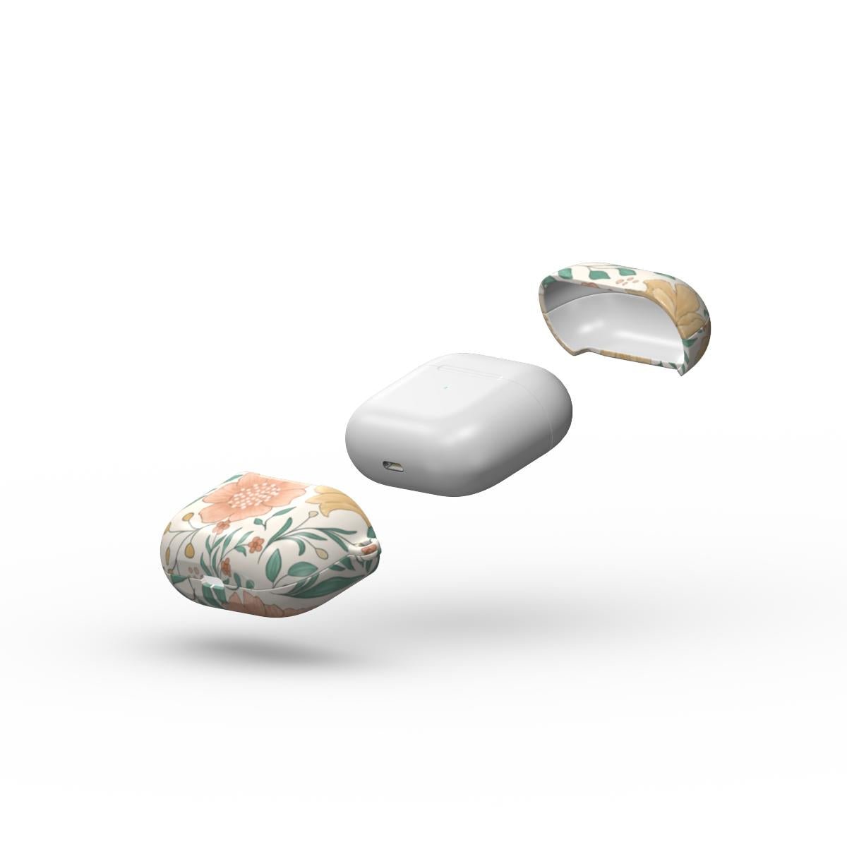 Open view of the layers of the Wildflowers AirPods Case showing the glossy inner shell and durable structure.