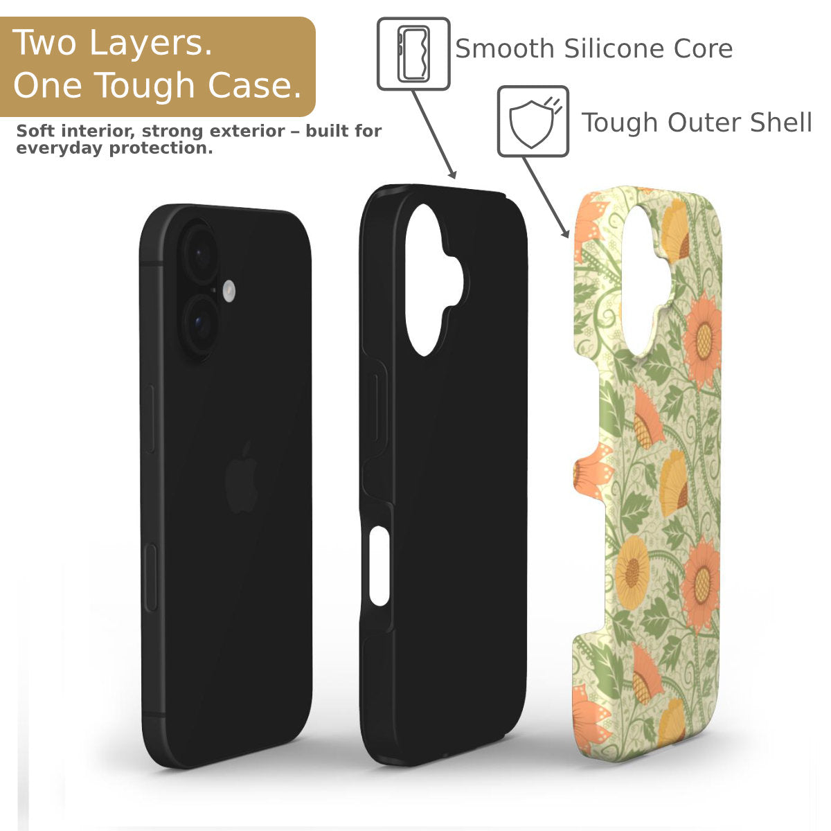 Arts and Crafts tough phone case shown in three layers, including inner TPU shell and outer printed hard shell for enhanced protection.