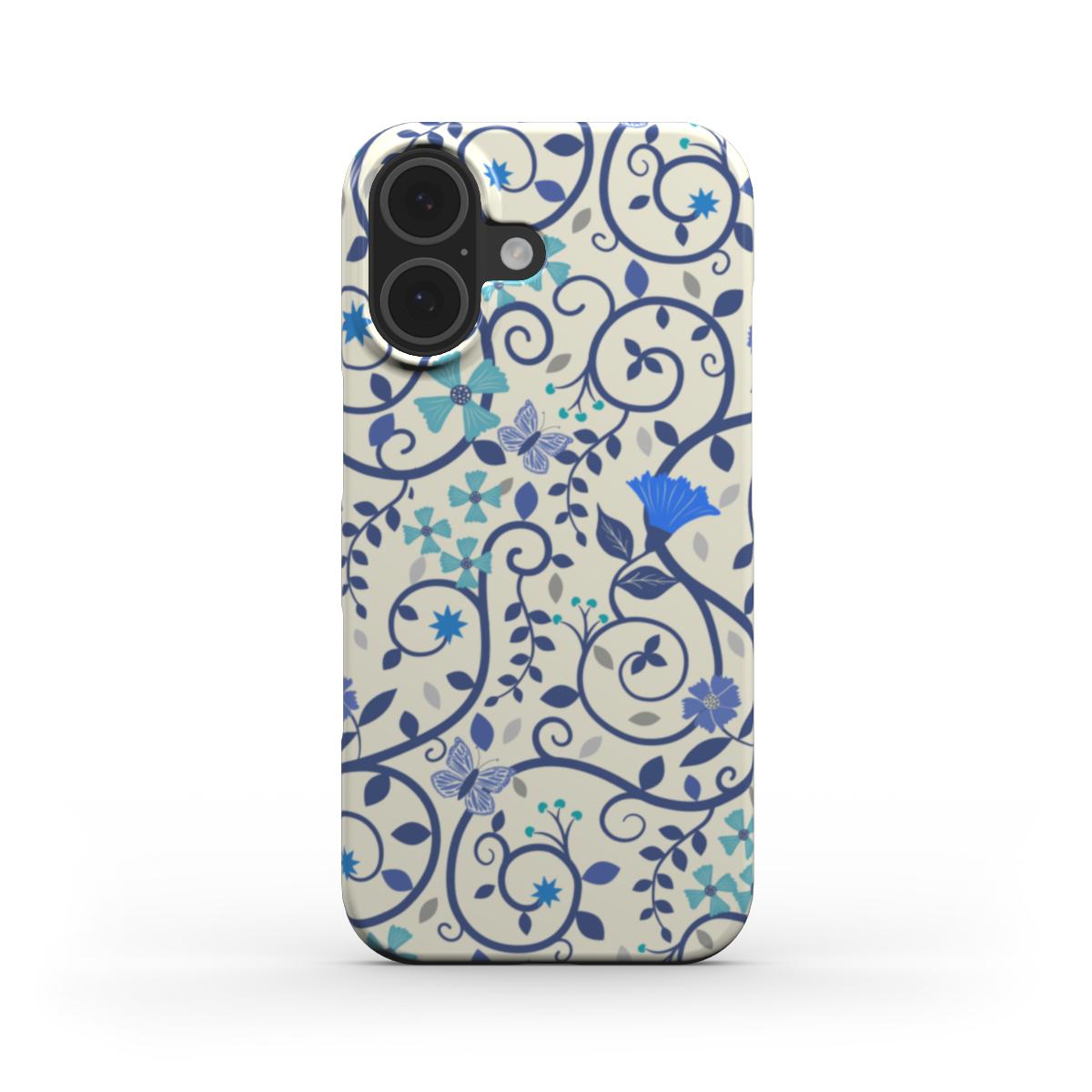 Front view of Blue Floral Swirl Snap Phone Case with scrolling vines and fantasy floral swirls