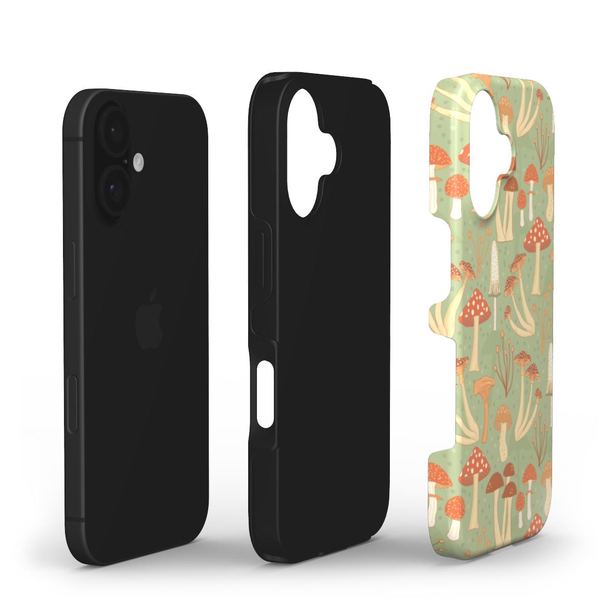 Exploded view of the Fabulous Funghi tough phone case highlighting its dual-layer protection and whimsical mushroom design.