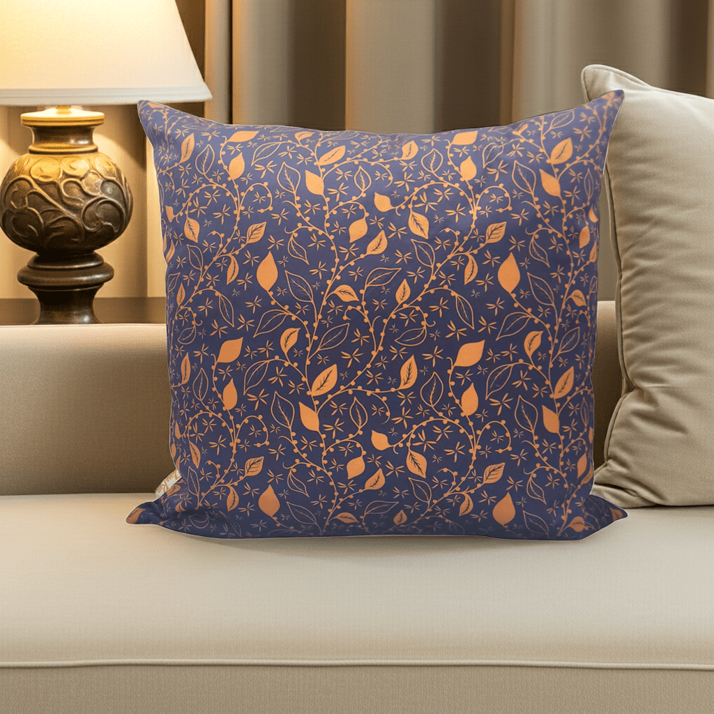 Navy and copper floral velvet cushion cover styled on sofa, luxury decorative cushion