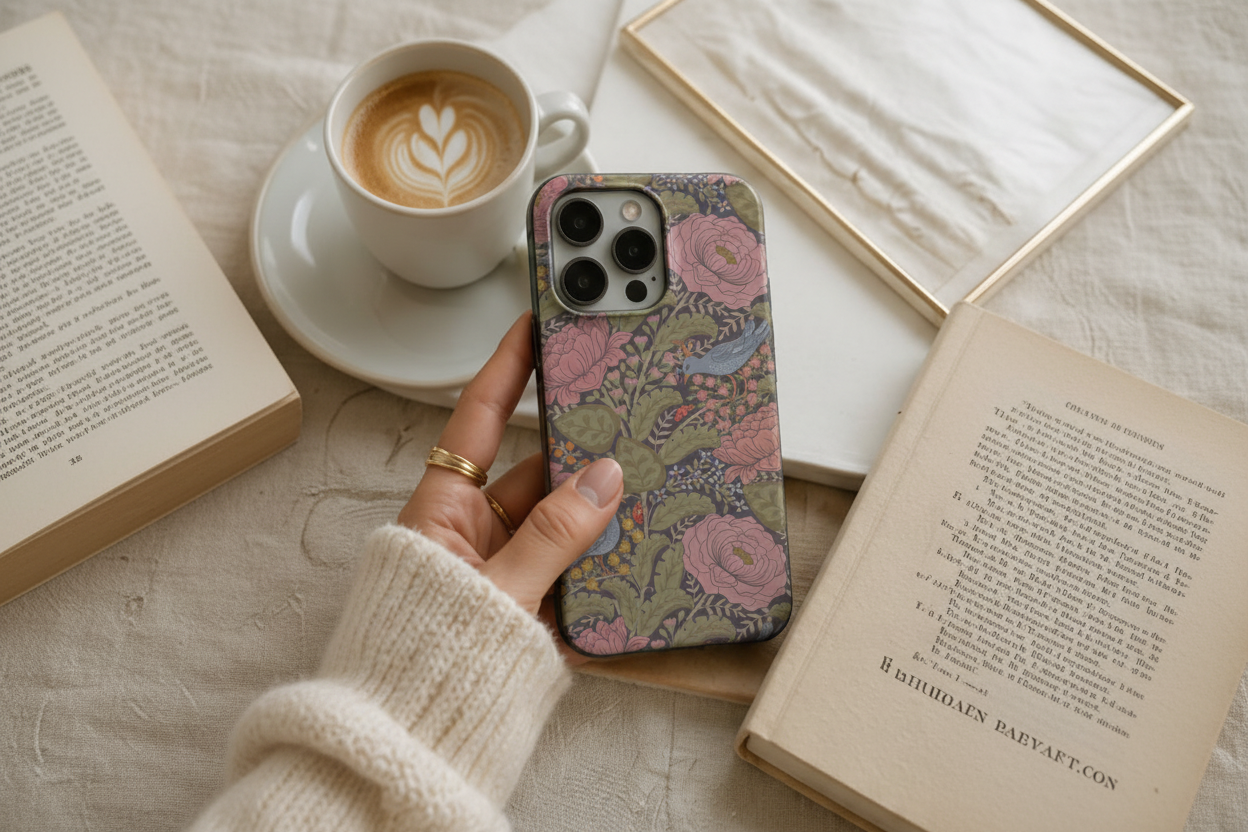 Peonies & Birds Tough Case – Book & Coffee Lifestyle