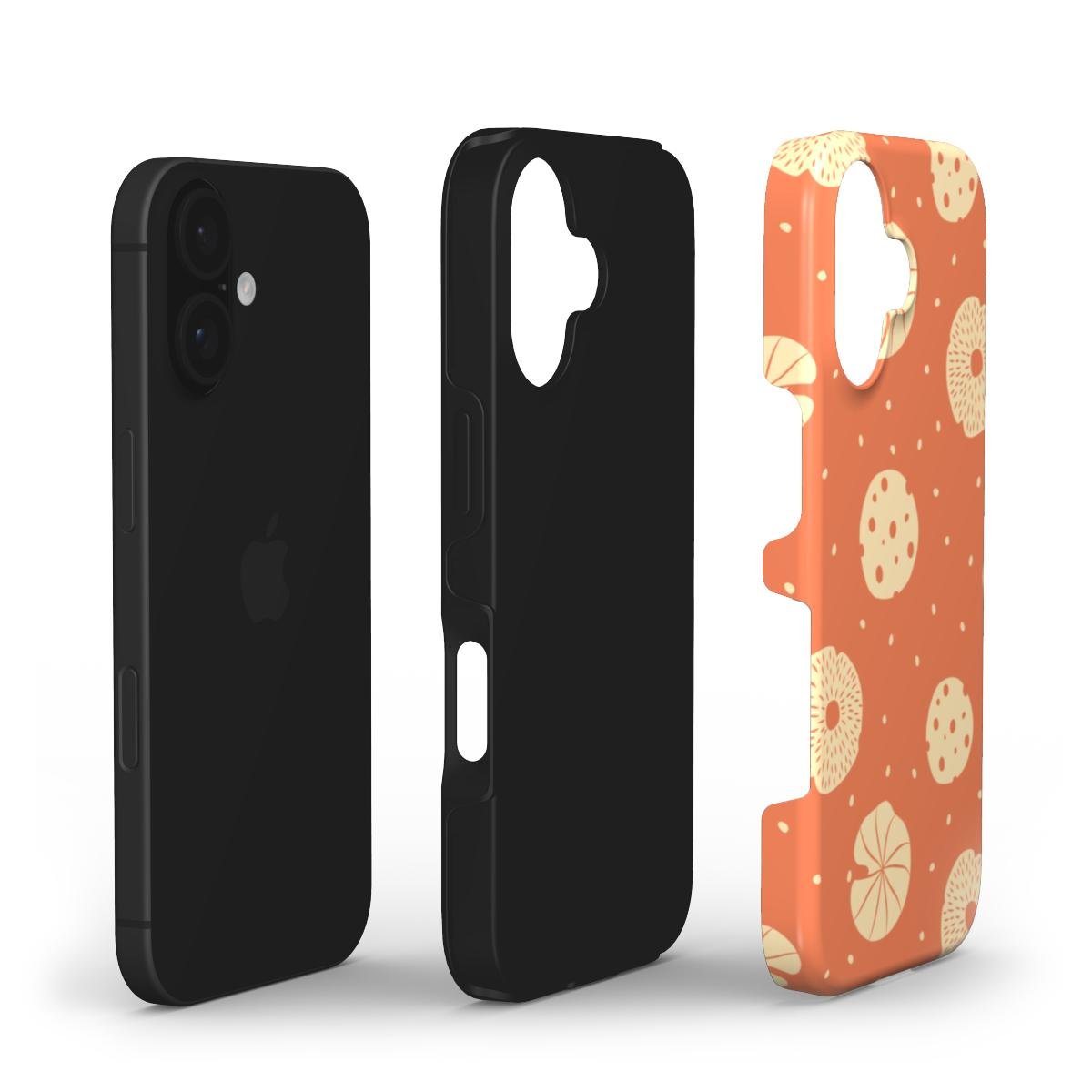 Layers of terracotta phone case with cream dot and abstract circular pattern, designed by Elissa Rua