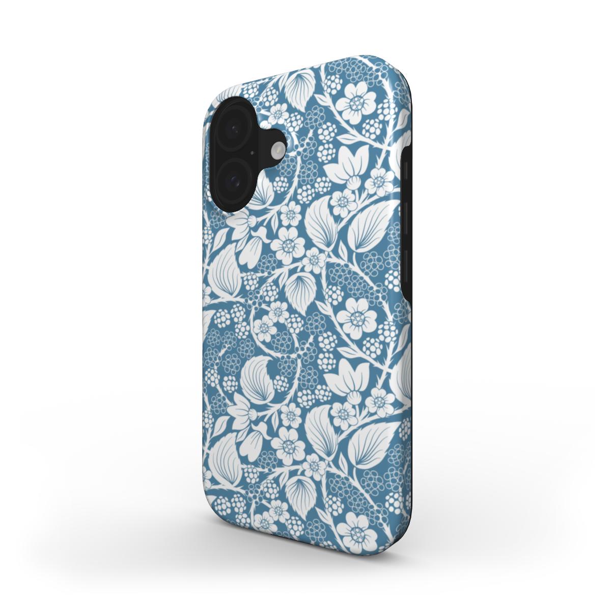 Side profile of the Blackberry Blue Tough phone case, featuring the wraparound white botanical design on a serene blue backdrop.