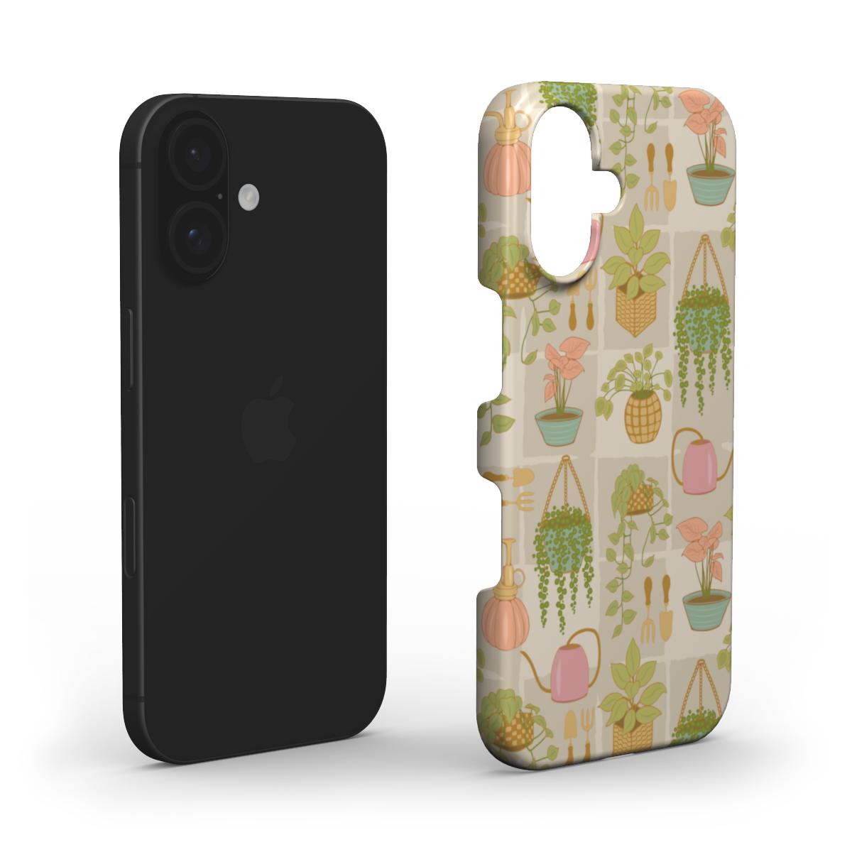 Plant Lady snap phone case with a slim, lightweight design and a detailed indoor garden pattern with potted plants and greenery.