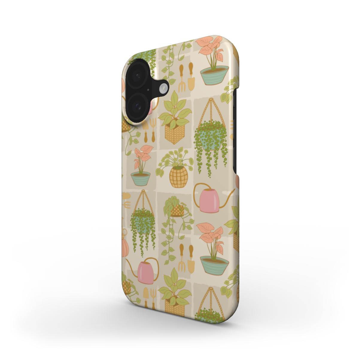 Plant Lady snap phone case with a slim, lightweight design and a detailed indoor garden pattern with potted plants and greenery side view.