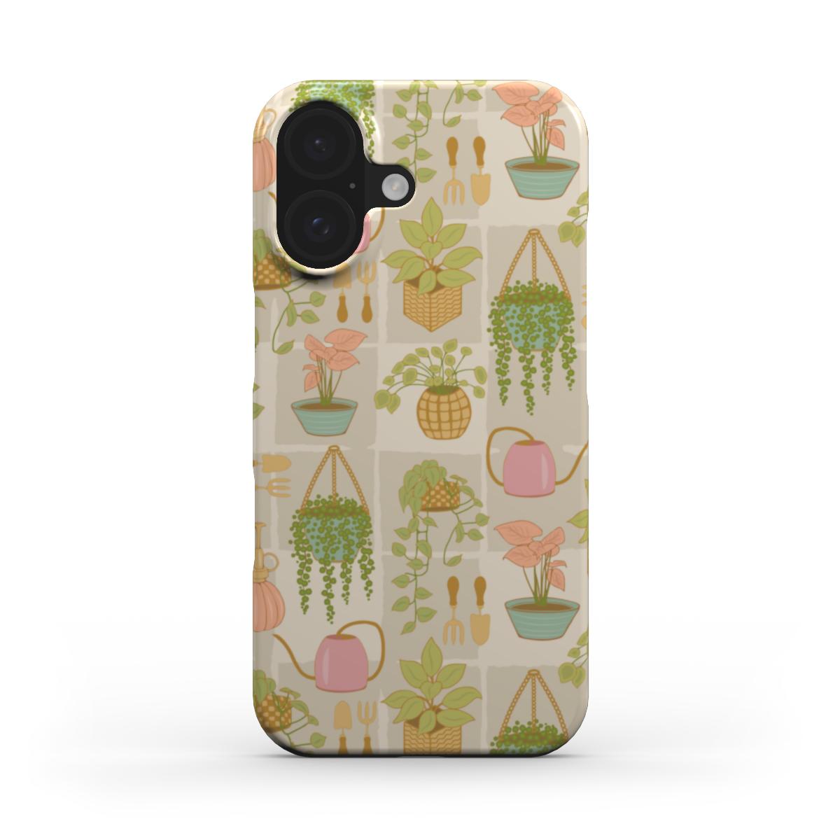 Plant Lady snap phone case with a slim, lightweight design and a detailed indoor garden pattern with potted plants and greenery.