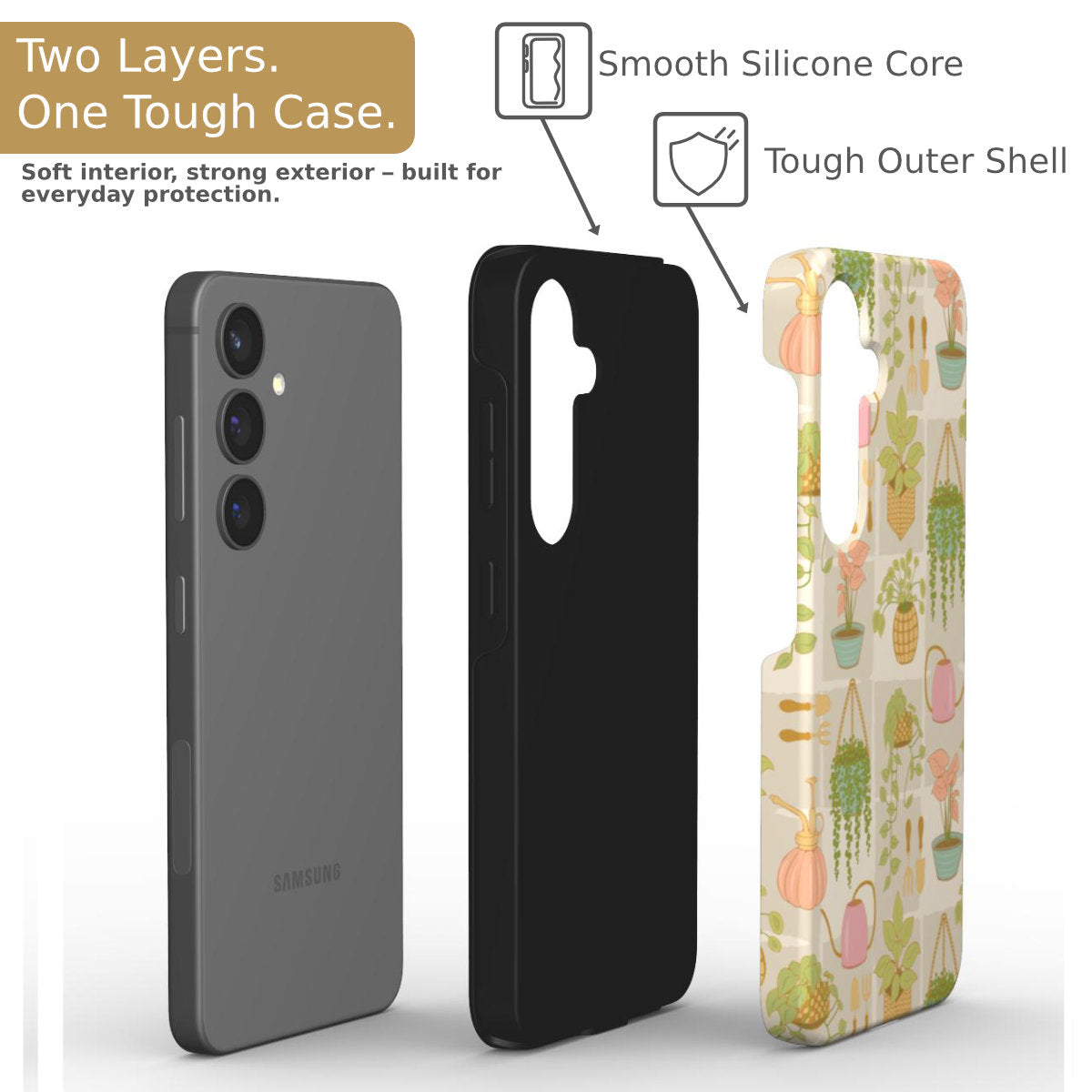 Plant Lady tough phone case shown in two layers, with an impact-resistant TPU inner shell and a hard outer shell featuring a botanical design.