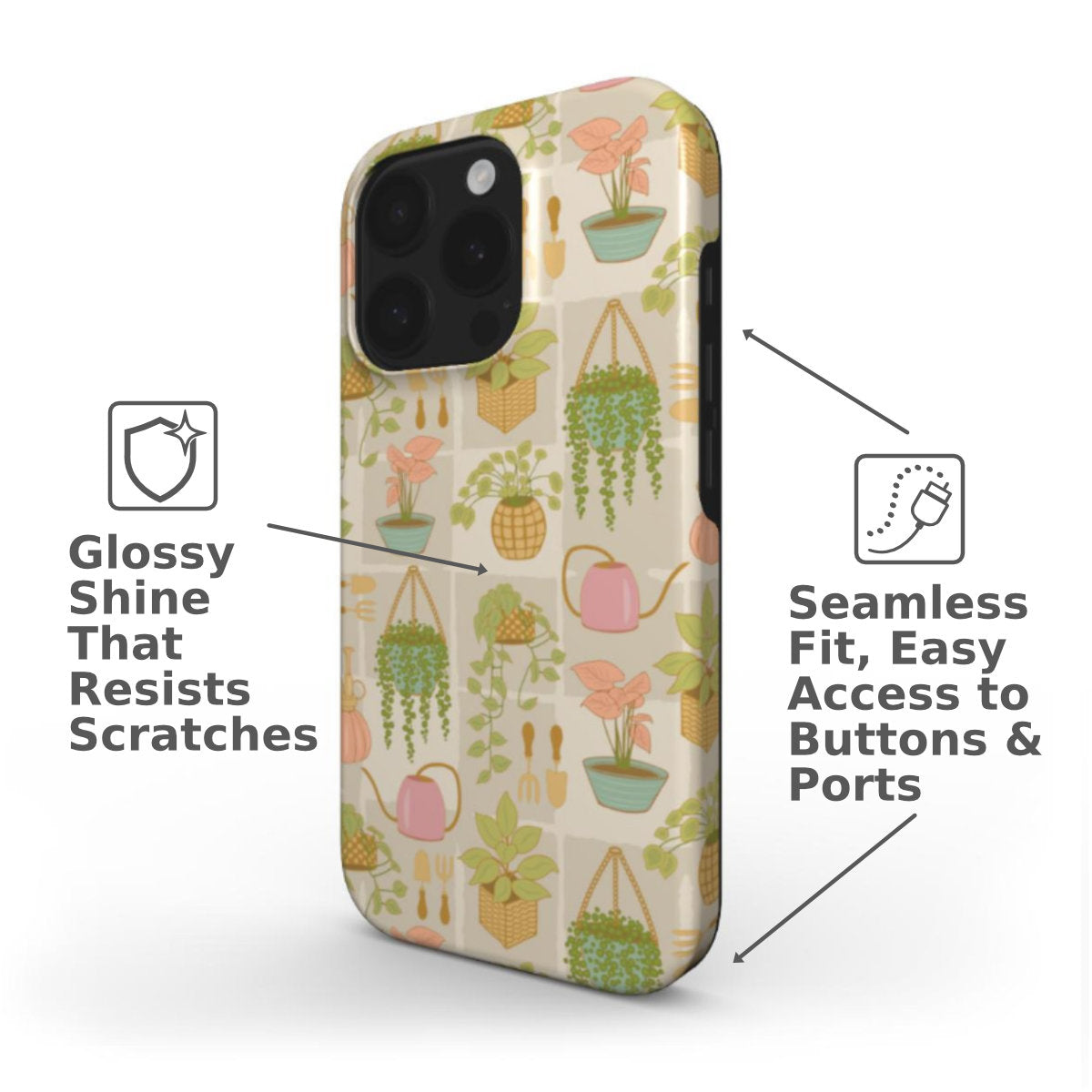 Plant Lady tough phone case featuring an indoor garden design with potted plants, hanging vines, and gardening tools side view.