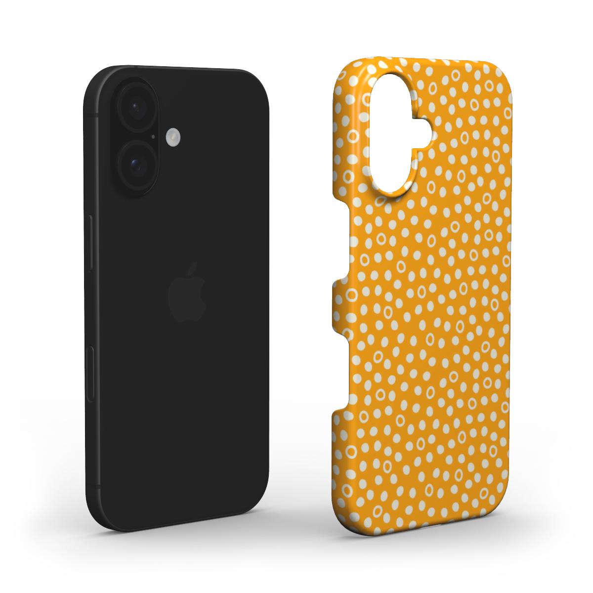 Sunny Dots snap phone case with a cheerful mustard yellow background and scattered organic dot pattern layer.
