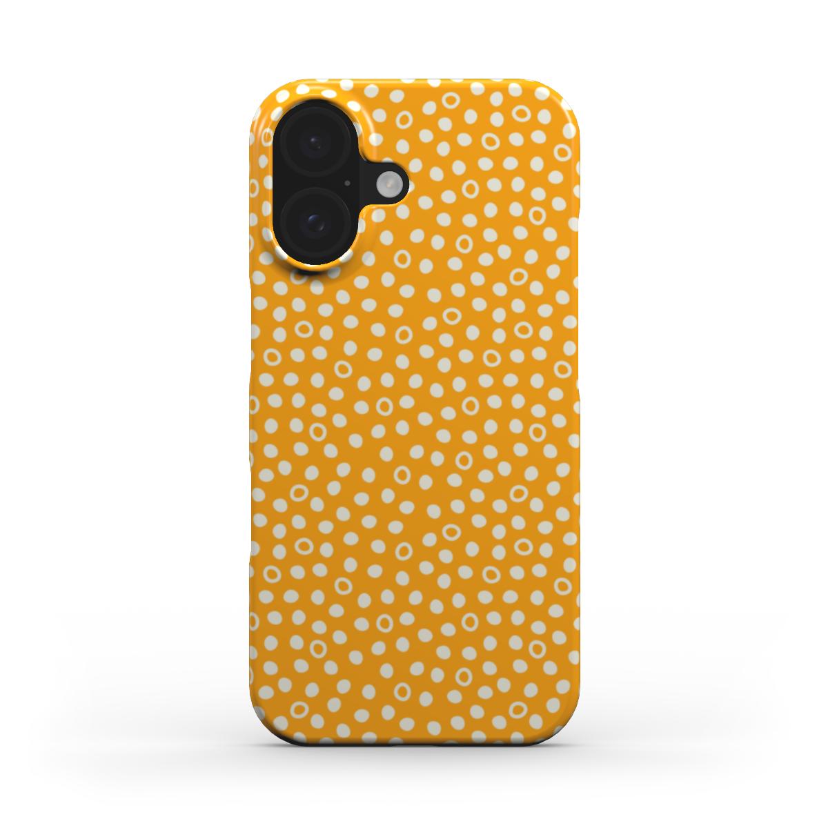 Sunny Dots snap phone case with a cheerful mustard yellow background and scattered organic dot pattern.