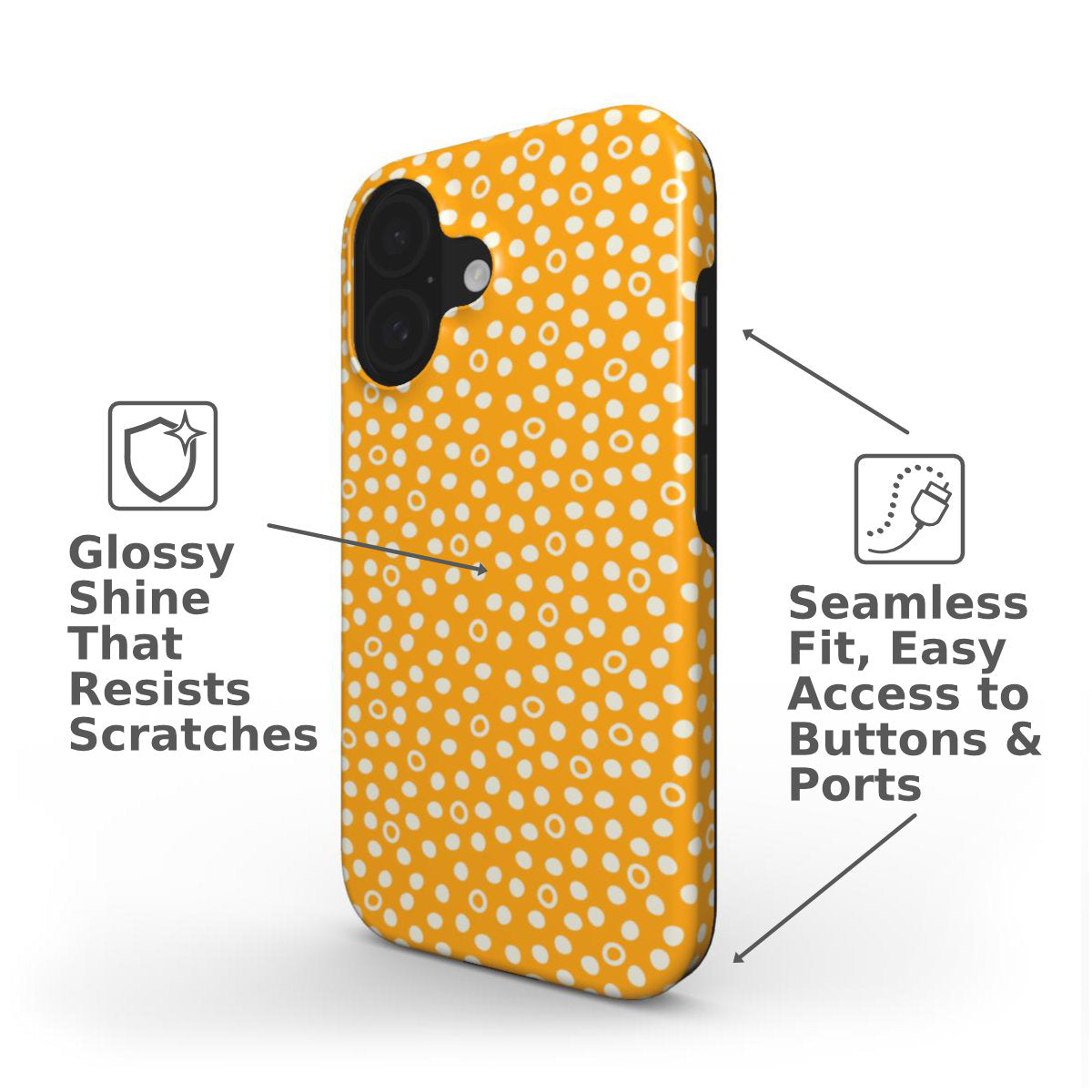 Sunny Dots tough phone case featuring a bright golden yellow background with playful hand-drawn dots side view.