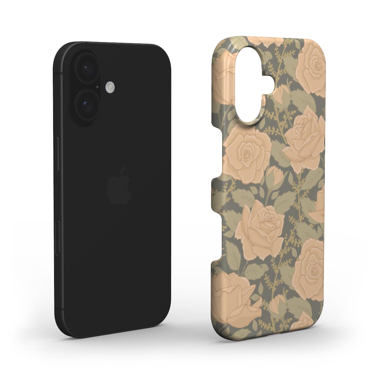 Vintage Rose snap phone case shown in two parts, featuring a slim, lightweight design with a printed hard shell.
