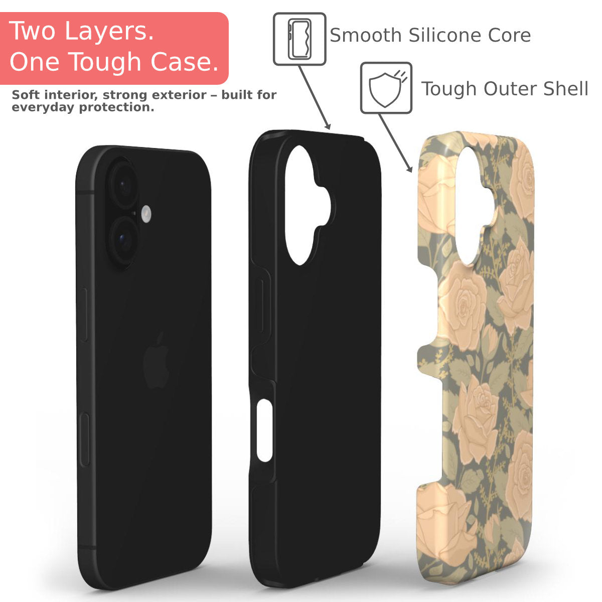 Vintage Rose tough phone case shown in three layers, including inner TPU shell and outer printed hard shell for enhanced protection.