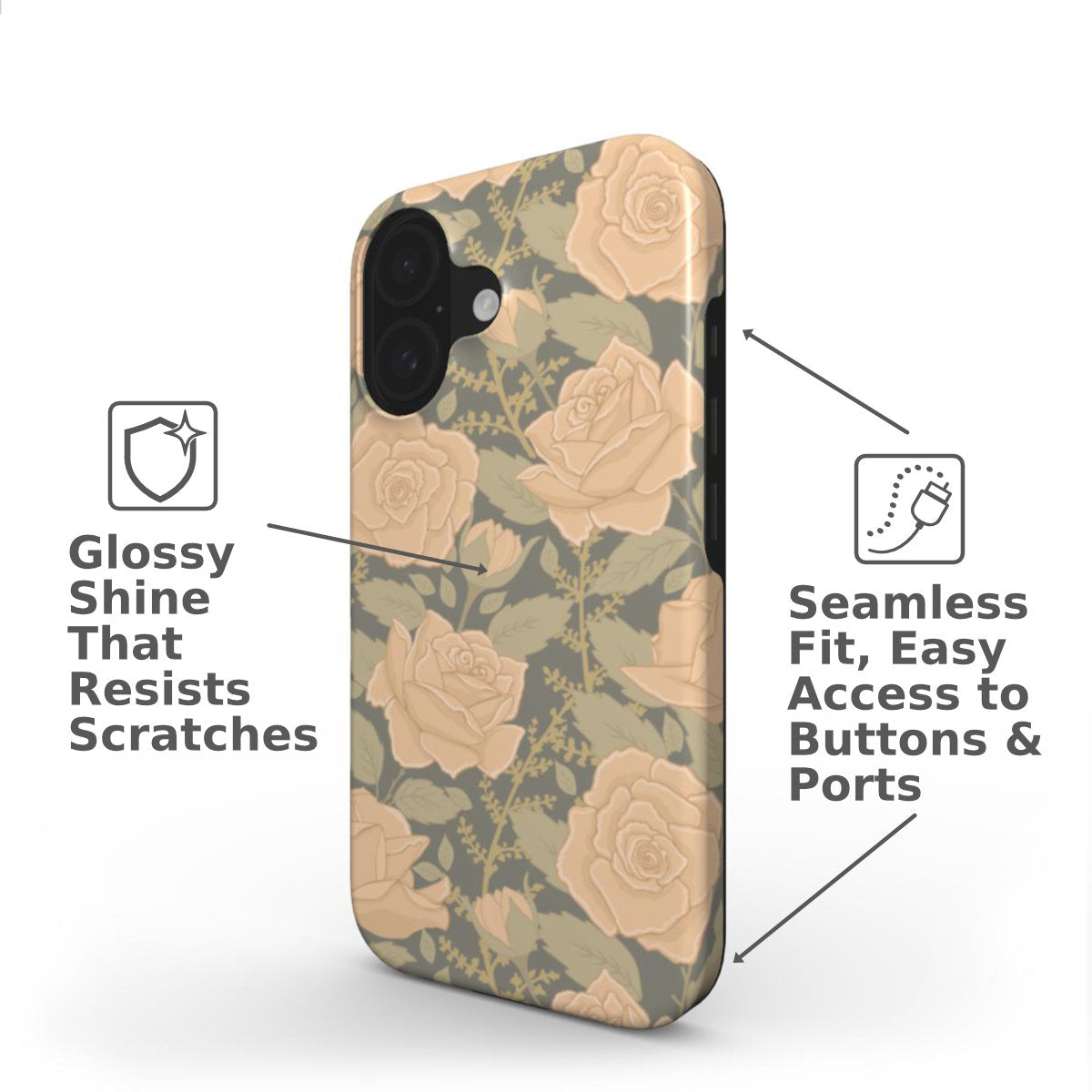 Vintage Rose tough phone case with an elegant floral design in muted tones side view