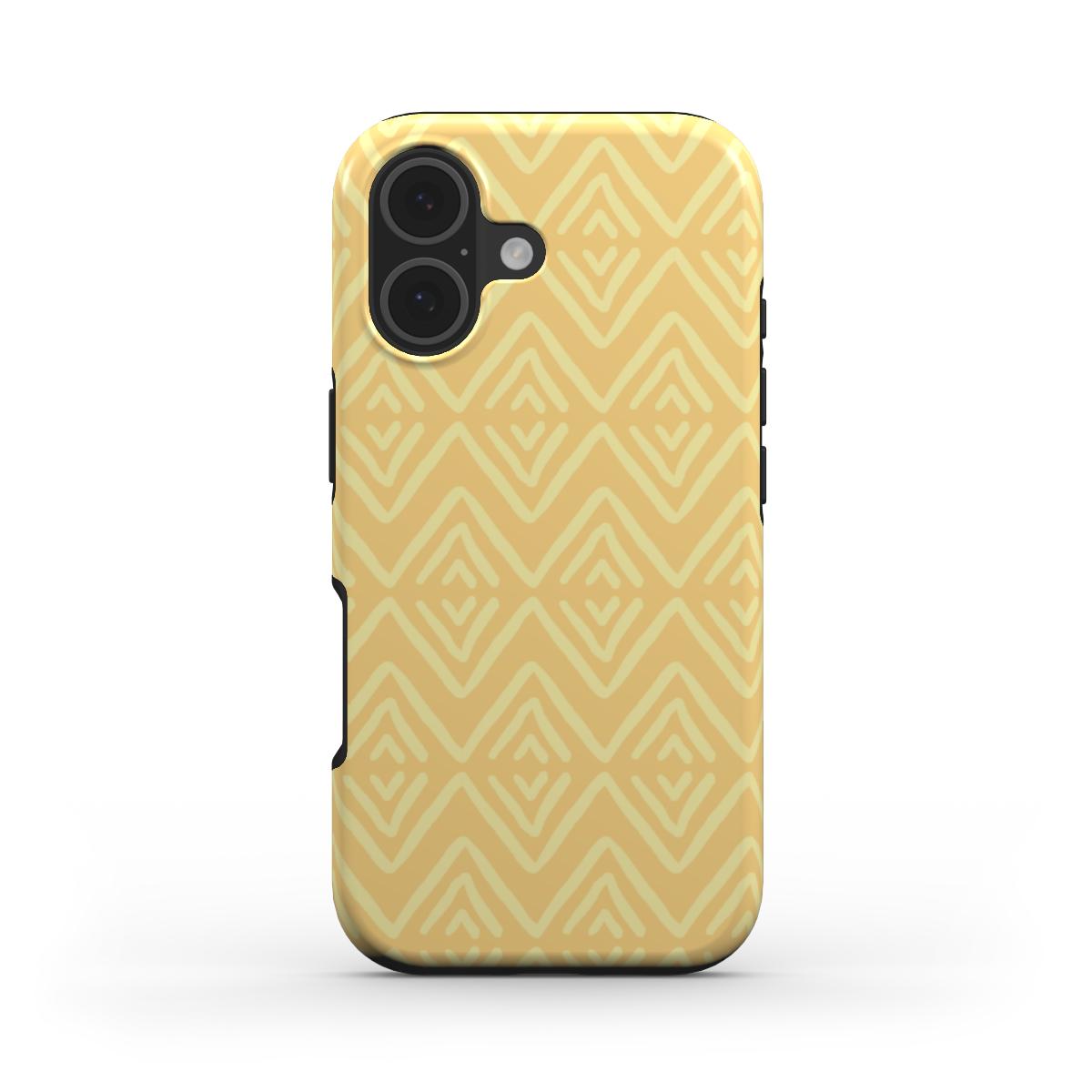 Front view of Yellow Geometric Tough Phone Case with modern diamond pattern in golden tones