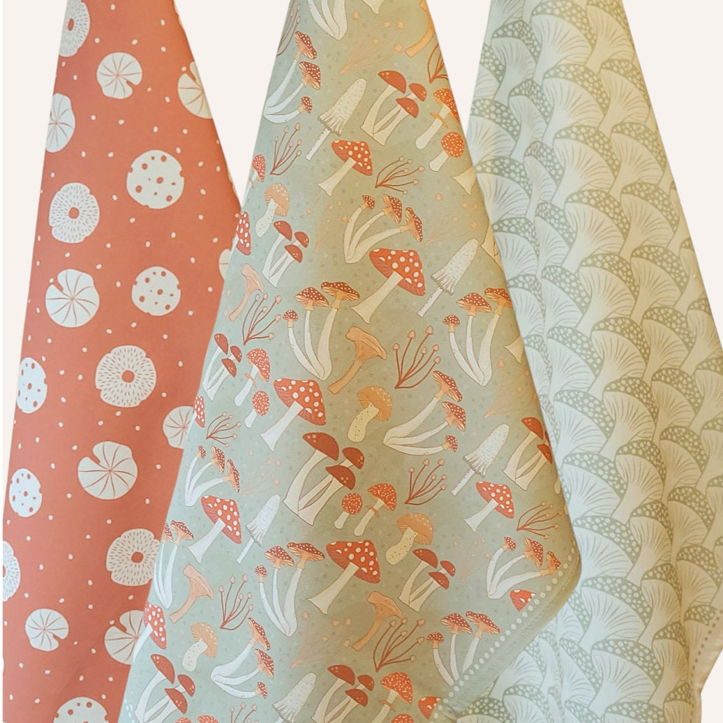 Designer Tea Towel Set – Earthy Mushroom Print | Botanical Kitchen Gift (Set of 3)