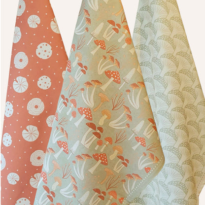 Designer Tea Towel Set – Earthy Mushroom Print | Botanical Kitchen Gift (Set of 3)