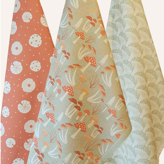Designer Tea Towel Set – Earthy Mushroom Print | Botanical Kitchen Gift (Set of 3)