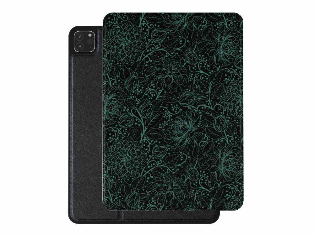 Dahlia Linework Design iPad Cover - Black & Dark Turquoise