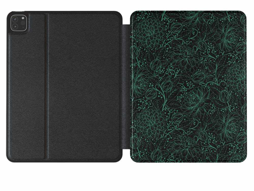 Dahlia Linework Design iPad Cover - Black & Dark Turquoise