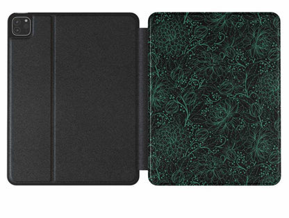 Dahlia Linework Design iPad Cover - Black & Dark Turquoise