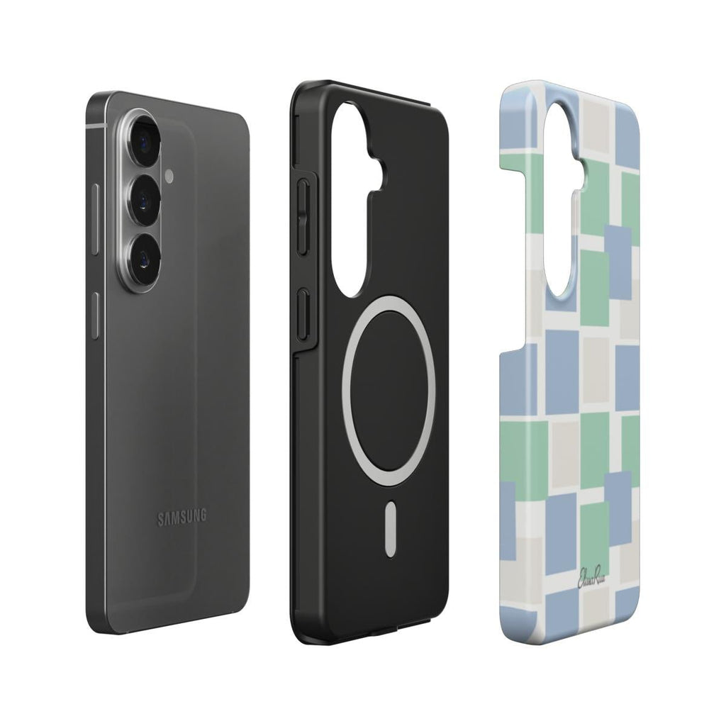 Cuadrados en tonos pastel azules y verdes – Funda magnética resistente para móvil | Elissa Rua