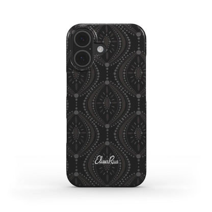 A black geometric snap phone case for iPhone, showing the case's pattern and camera cutouts.