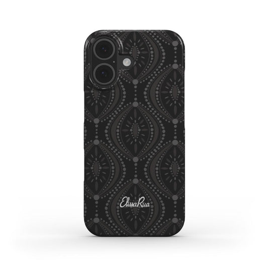 A black geometric snap phone case for iPhone, showing the case's pattern and camera cutouts.