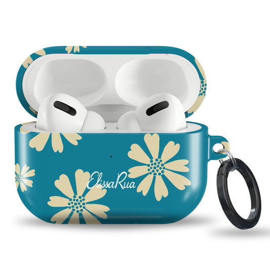 Blue daisy floral tough AirPods case with retro flower pattern