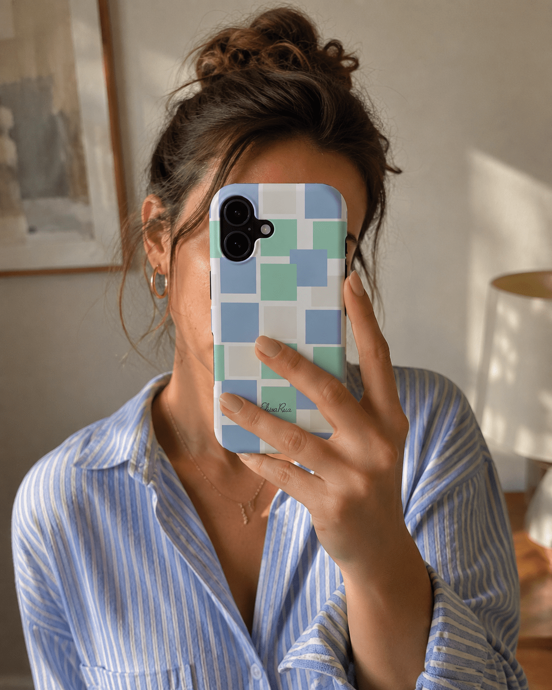 Blue and green pastel square phone case selfie