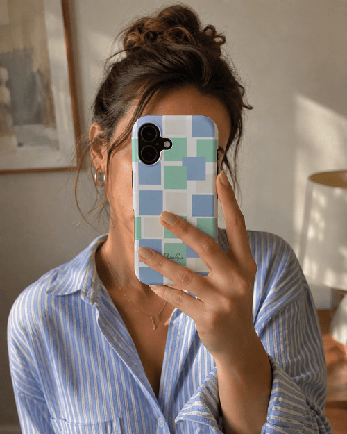 Blue and green pastel square phone case selfie