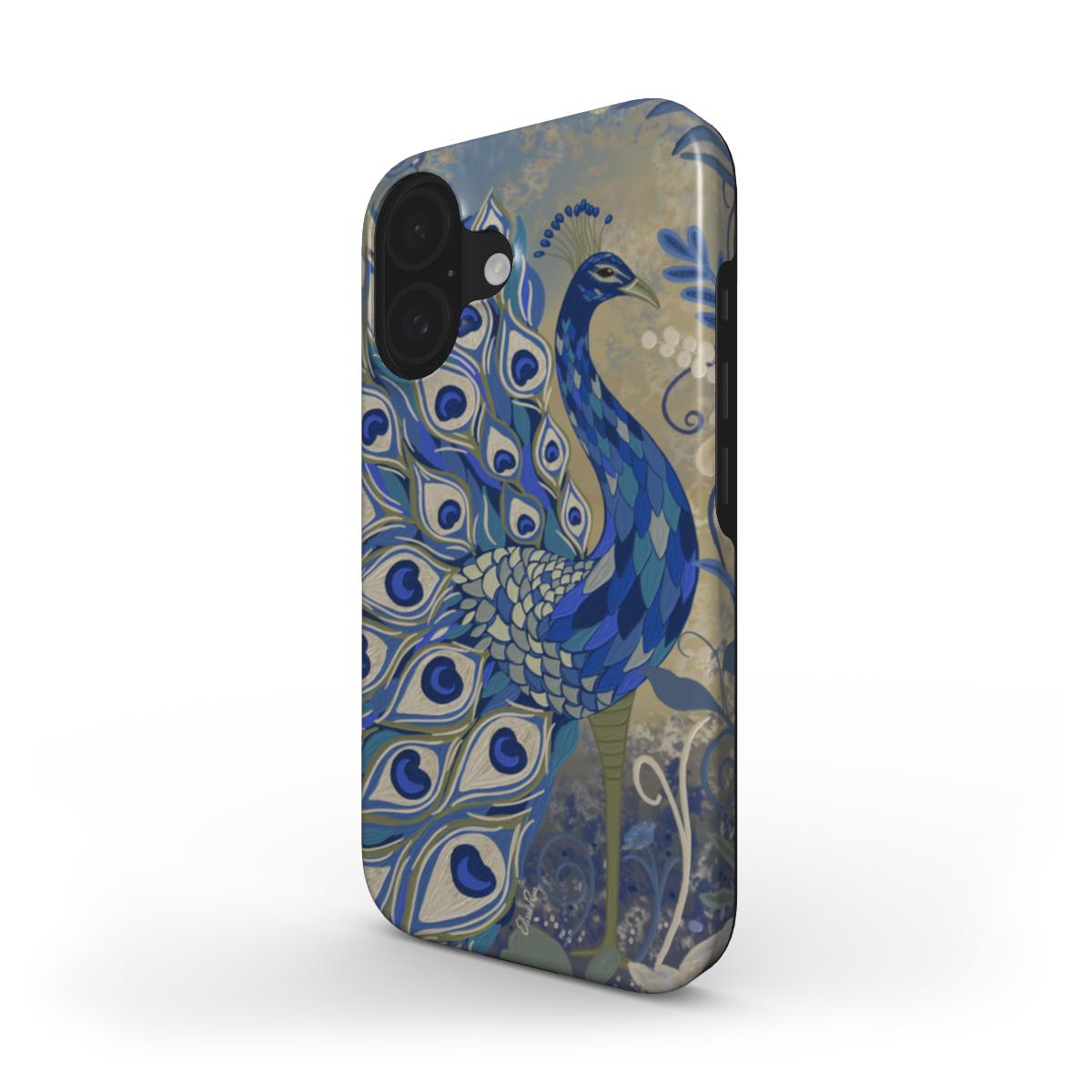 Blue Peacock iPhone 16 Side View of Phone Case