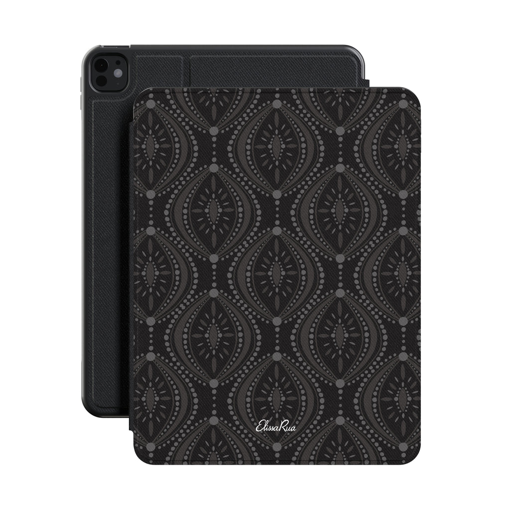 Black Grey Geometric Premium Vegan Leather iPad Pro 11-inch cover with Apple Pencil holder and microfiber lining