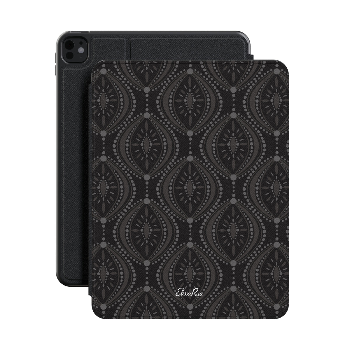 Black Grey Geometric Premium Vegan Leather iPad Pro 11-inch cover with Apple Pencil holder and microfiber lining