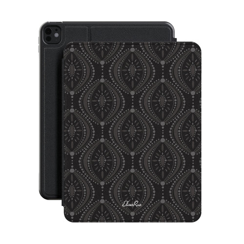 Black Grey Geometric Premium Vegan Leather iPad Pro 11-inch cover with Apple Pencil holder and microfiber lining