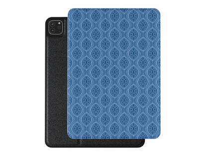 Blue Boho Geometric Premium Vegan Leather iPad Pro 11-inch cover with Apple Pencil holder and microfiber lining