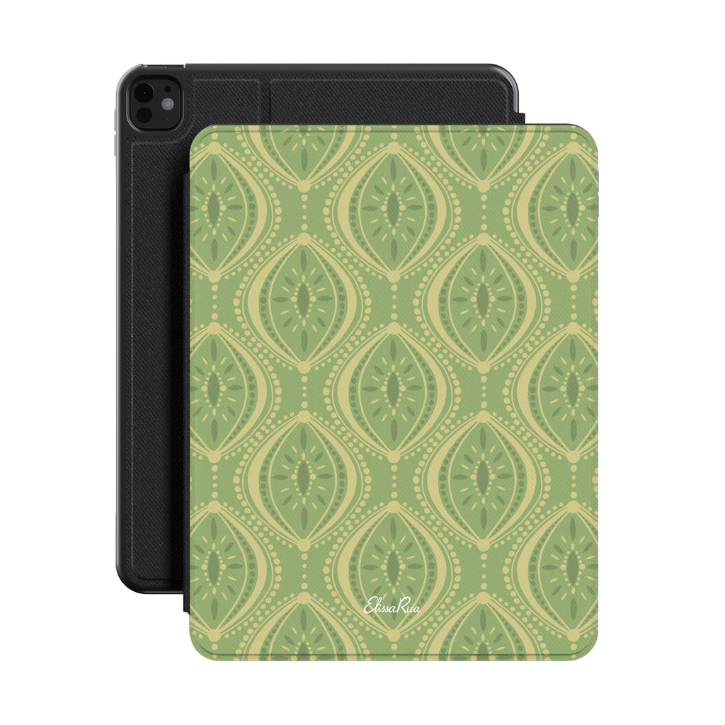Boho Geometric Green Premium Vegan Leather iPad Pro 11-inch cover with Apple Pencil holder and microfiber lining