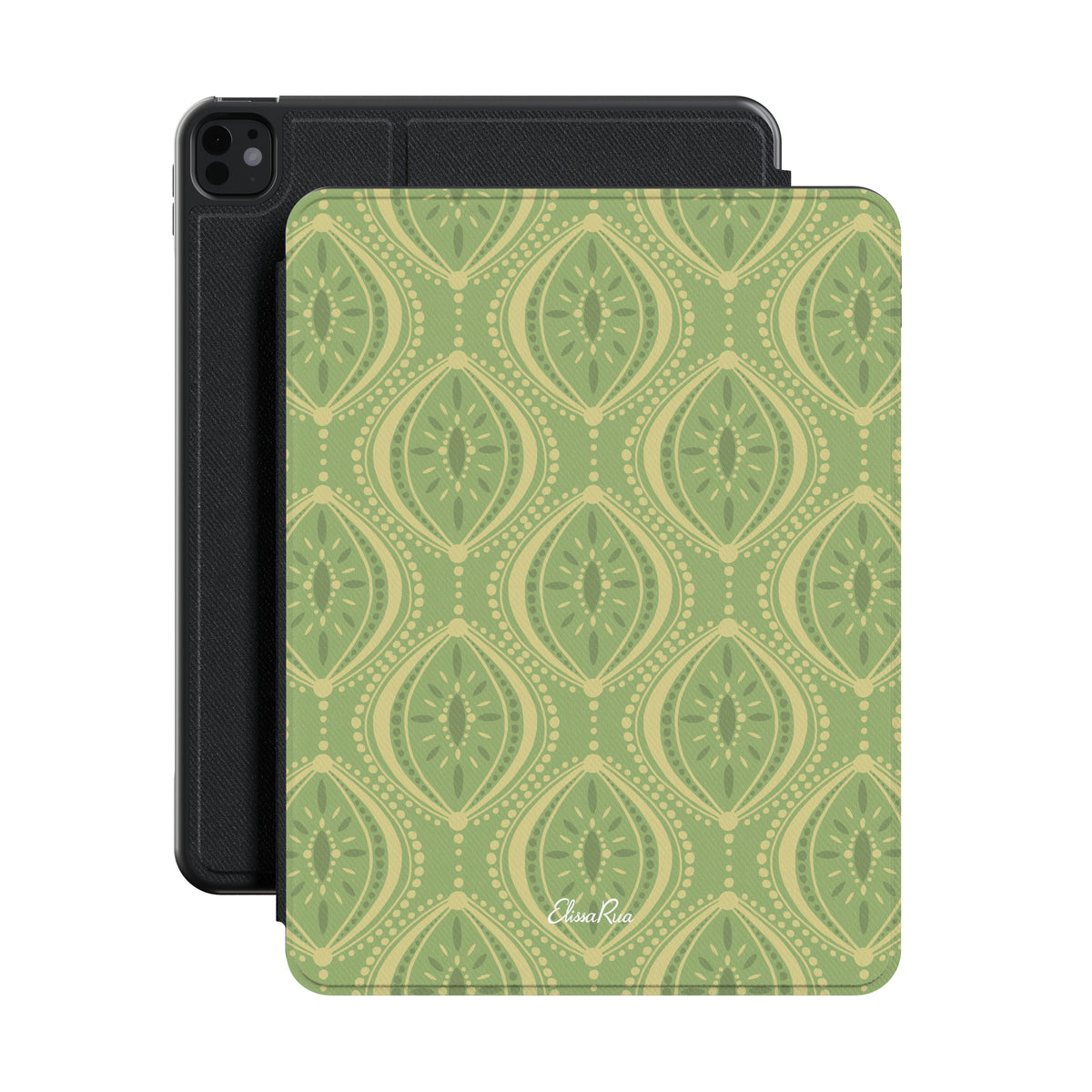 Boho Geometric Green Premium Vegan Leather iPad Pro 11-inch cover with Apple Pencil holder and microfiber lining
