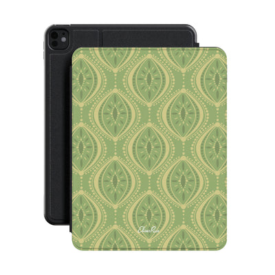 Boho Geometric Green Premium Vegan Leather iPad Pro 11-inch cover with Apple Pencil holder and microfiber lining